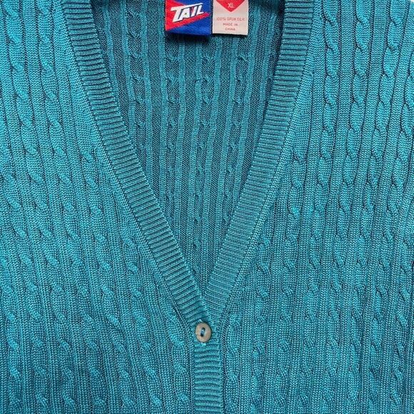 Vintage 90s Tail XL Teal Silk Cable-Knit Sweater Vest V-Neck Mother of Pearl - Picture 4 of 10